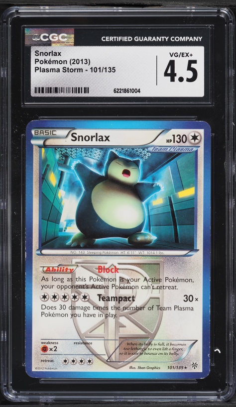 2013 Pokemon Black & White Plasma Storm Snorlax #101 CGC 4.5 VGEX+
