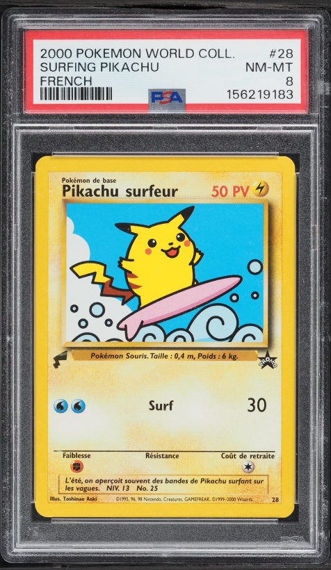 2000 Pokemon French World Collection Surfing Pikachu #28 PSA 8 NM-MT