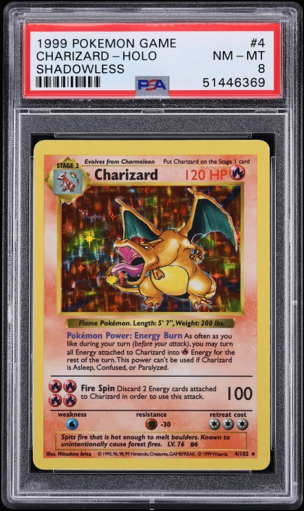 1999 Pokemon Base Set Shadowless Holo Charizard #4 PSA 8 NM-MT