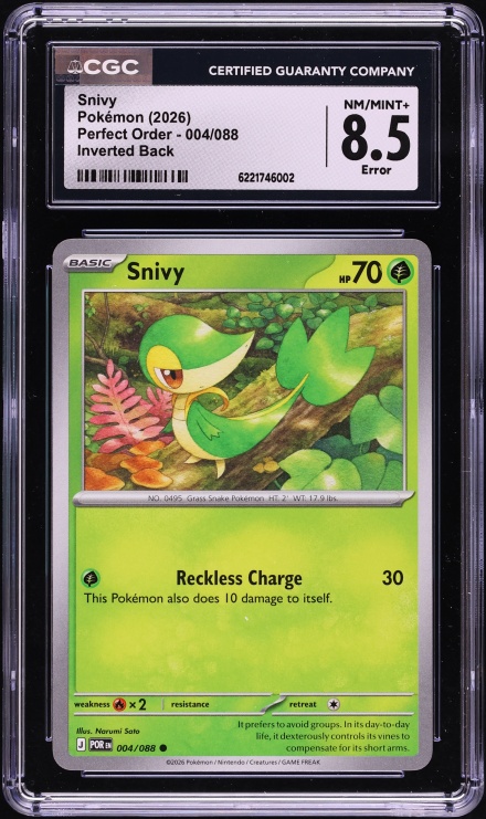 2026 Pokemon Perfect Order Inverted Back Error Snivy #004 CGC 8.5 NM-MT+