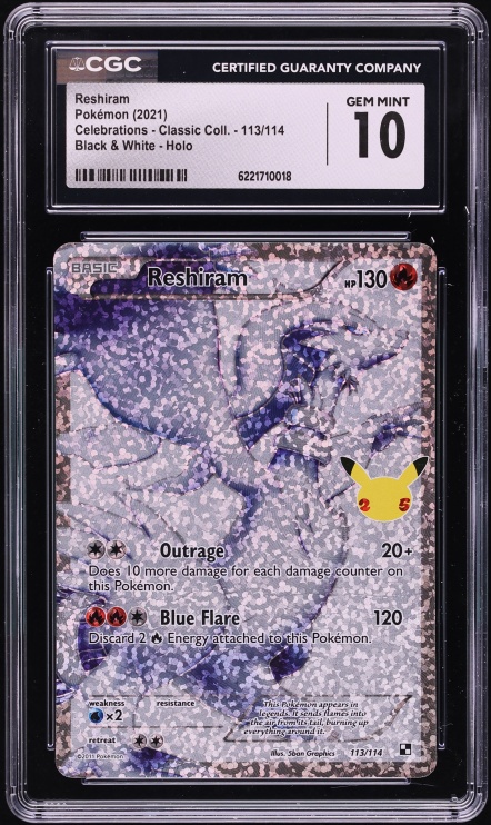 2021 Pokemon SWSH Celebrations Classic Collection Full Art Reshiram #113 CGC 10 GEM MINT
