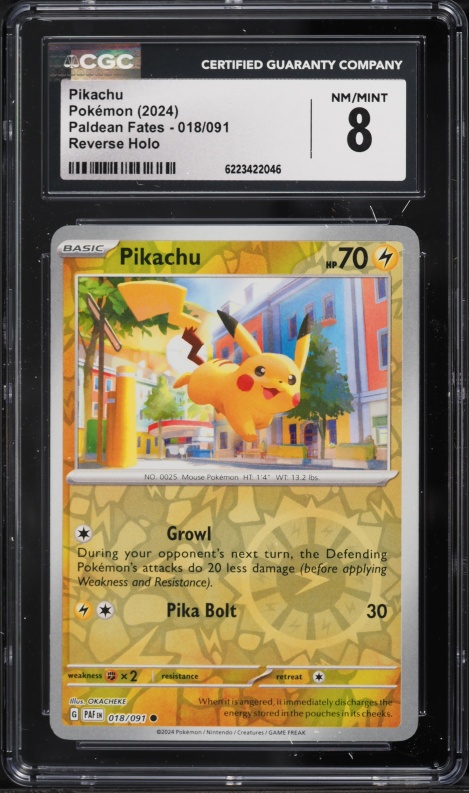 2024 Pokemon Scarlet & Violet Paldean Fates Reverse Holo Pikachu #18 CGC 8 NM-MT