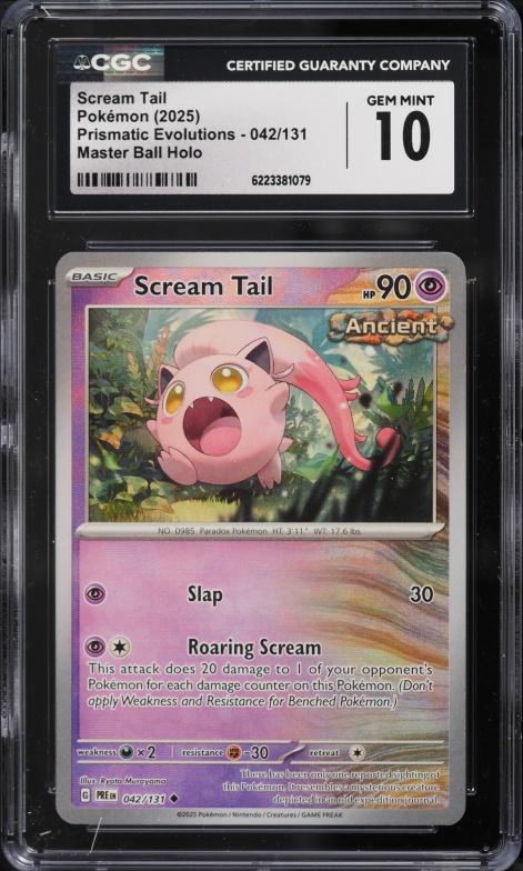 2025 Pokemon Scarlet & Violet Prismatic Evolutions Master Ball Holo Scream Tail #42 CGC 10 GEM