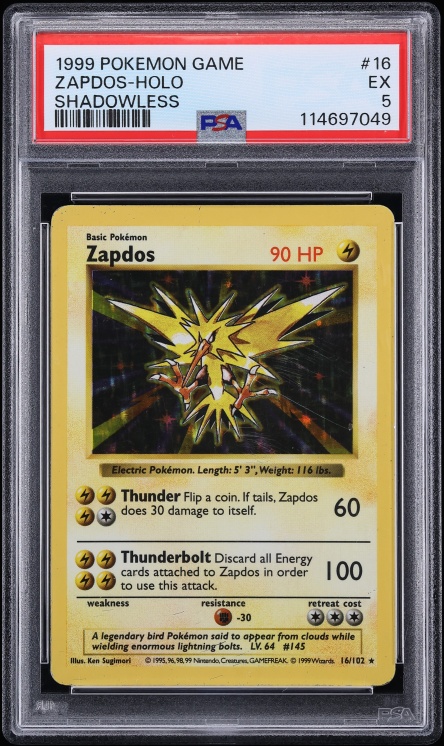 1999 Pokemon Base Set Shadowless Holo Zapdos #16 PSA 5 EX