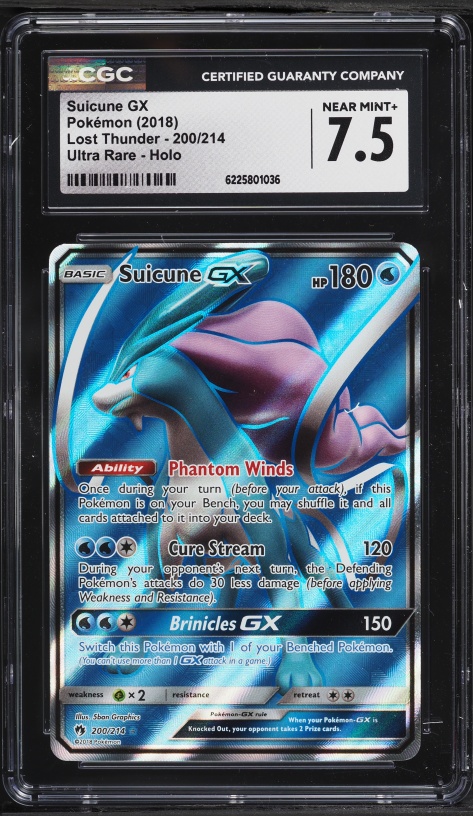 2018 Pokemon Sun & Moon Lost Thunder Full Art Suicune GX #200 CGC 7.5 NRMT+