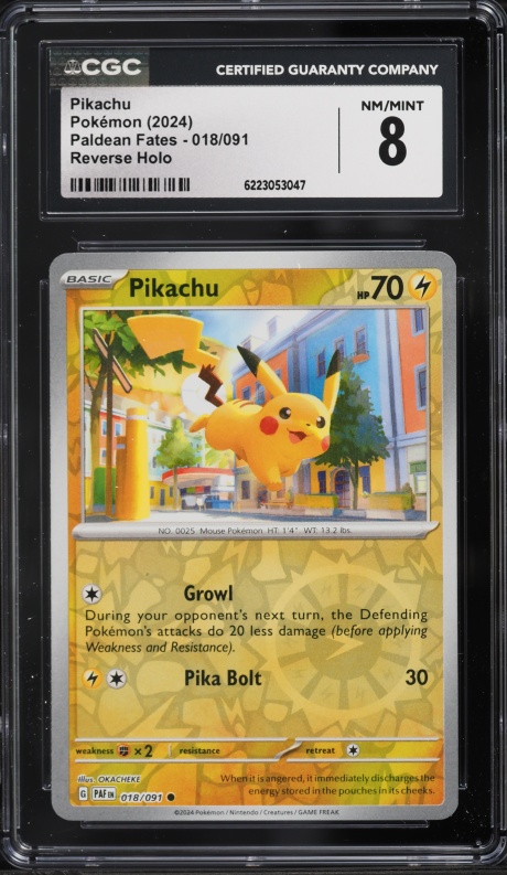 2024 Pokemon Scarlet & Violet Paldean Fates Reverse Holo Pikachu #18 CGC 8 NM-MT