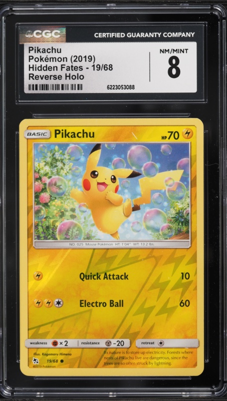 2019 Pokemon Sun & Moon Hidden Fates Reverse Holo Pikachu #19 CGC 8 NM-MT