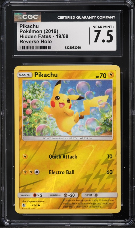 2019 Pokemon Sun & Moon Hidden Fates Reverse Holo Pikachu #19 CGC 7.5 NRMT+