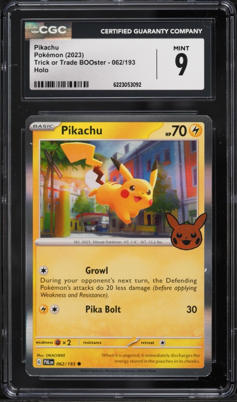 2023 Pokemon Scarlet & Violet Paldea Evolved Trick Or Trade BOOster Holo Pikachu #62 CGC 9 MINT