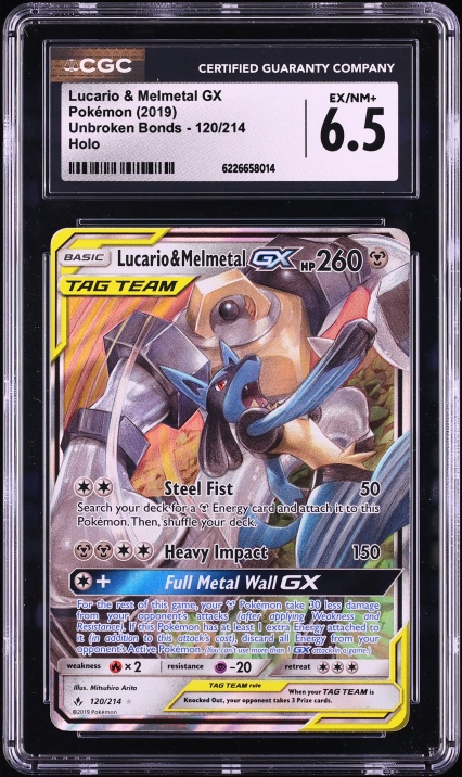 2019 Pokemon Sun & Moon Unbroken Bonds Holo Lucario & Melmetal GX #120 CGC 6.5 EXMT+