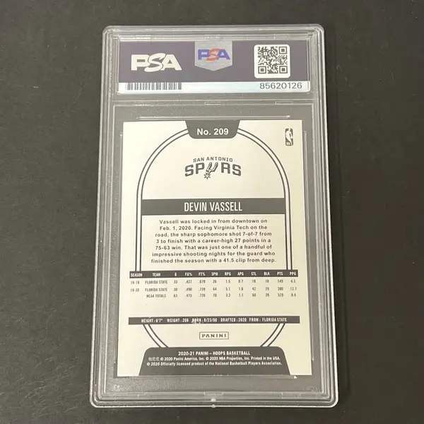 2020-21 Panini NBA Hoops #209 Devin Vassell signed card PSA Spurs