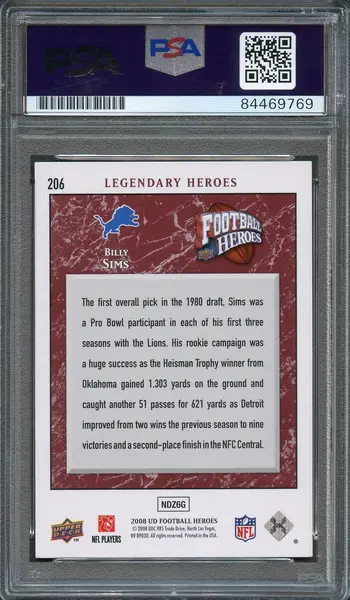 2008 Upper Deck Football Heroes #206 Billy Sims Signed Card PSA Slabbed Auto Lions