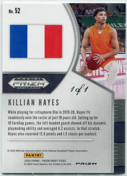 Killian Hayes 2020 Panini Prizm Draft Picks Black Prizm RC #52 1/1