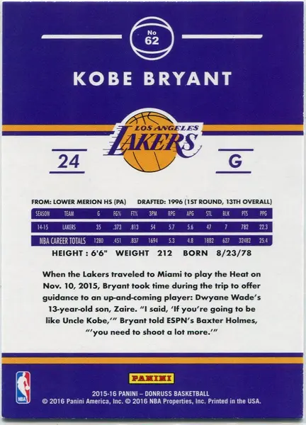 Kobe Bryant 2015 - 2016 Panini Donruss Card #62
