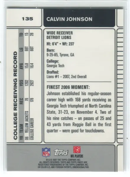 2007 Topps Finest #135 Calvin Johnson Card