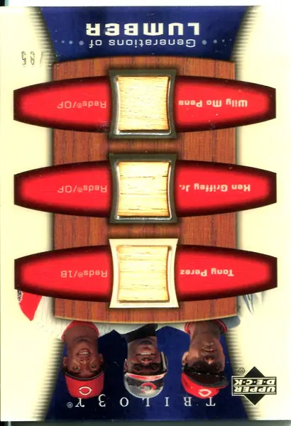 Tony Perez, Ken Griffey Jr, and Willy Mo Pena 2005 Upper Deck Game Used Bat Card 47/85