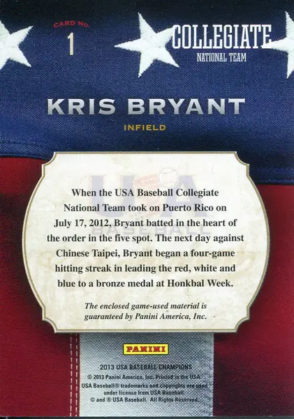 Kris Bryant Unsigned 2013 Panini Bat Card