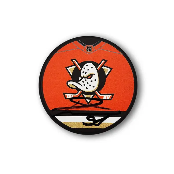 Pavel Mintyukov Autographed Anaheim Ducks Jersey Design Hockey Puck