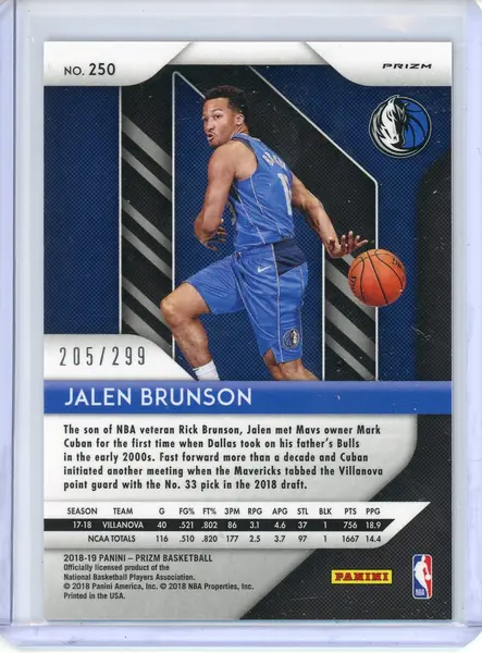 2018-19 Panini Prizm Jalen Brunson Red Prizm /299 Rookie No. 250