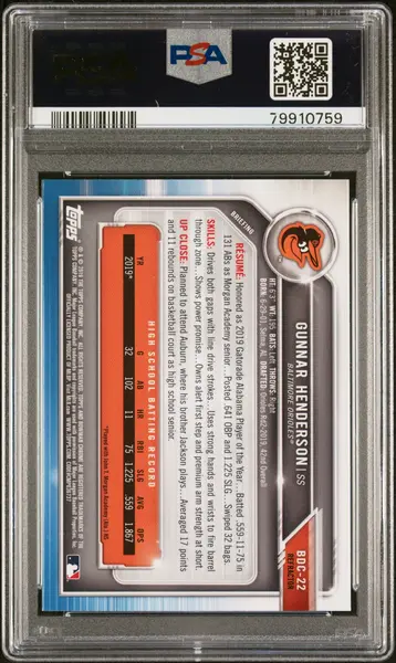 2019 Bowman Draft Gunnar Henderson #BDC22 Chrome Refractor PSA 10