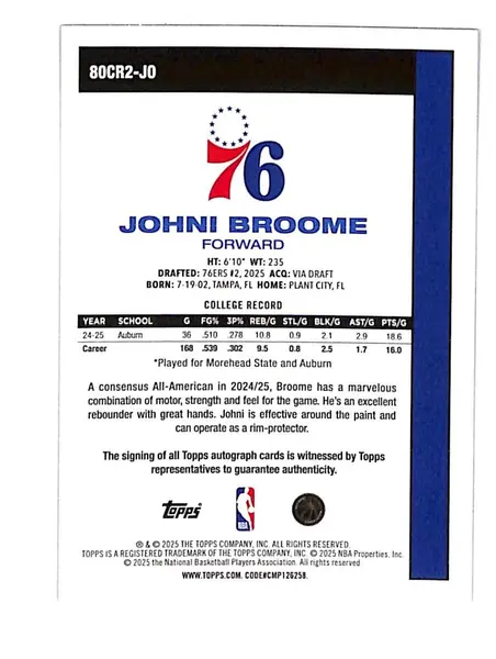 2025-26 Topps 1980-81 Topps Chrome Rookie Autographs Johni Broome #80CR2-JO #2/5