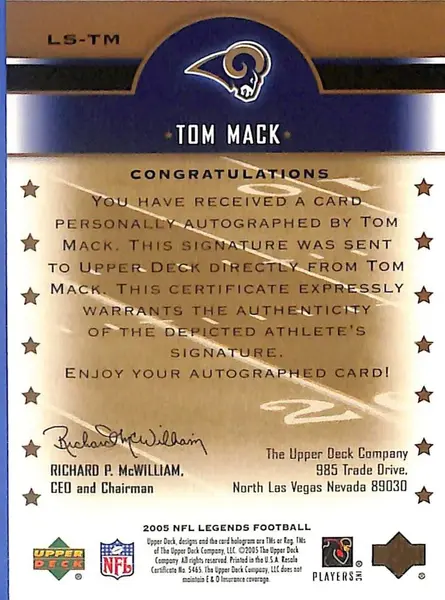 2005 Upper Deck Legends Tom Mack Auto Autograph Rams