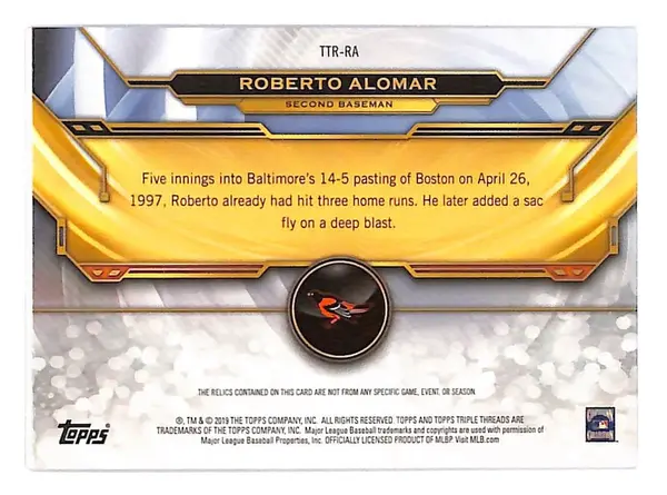 2019 Roberto Alomar Topps Triple Threads Relic Emerald - TTR-RA #5/18