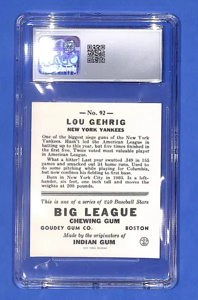 1972 TCMA 1933 Goudey Reprint #92 Lou Gehrig (HOF) CGC 6 EX-NM N.Y. Yankees