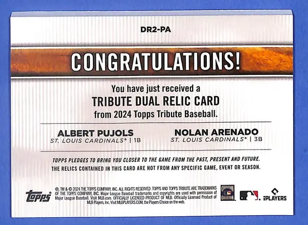 2024 Albert Pujols and Nolan Arenado Topps Tribute Duel Relic DR2-PA  #8/75