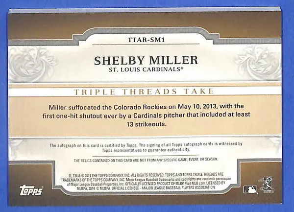 2014 Shelby Miller Topps Triple Threads Autograph Relics TTAR-SM1 #7/9