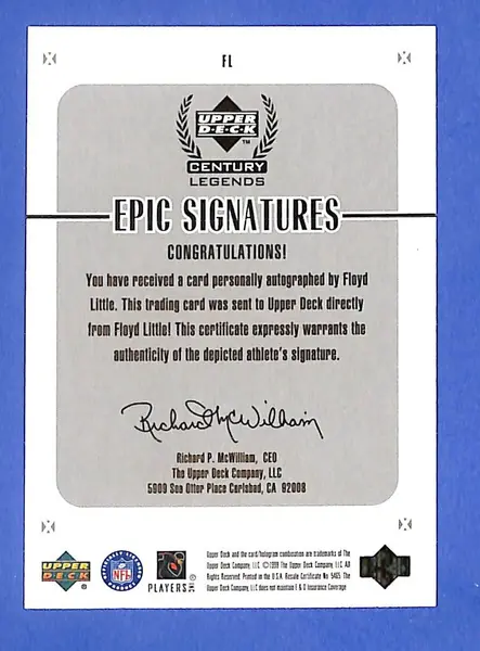 1999 Upper Deck Century Legends Epic Signatures Floyd Little #FL (AU) Broncos