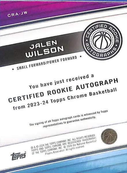 2023-24 Topps Chrome Jalen Wilson Auto Autograph Rookie RC Red /5 Nets