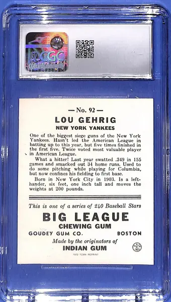 1972 TCMA 1933 Goudey Reprint #92 Lou Gehrig (HOF) CGC 8 NM/MINT N.Y. Yankees