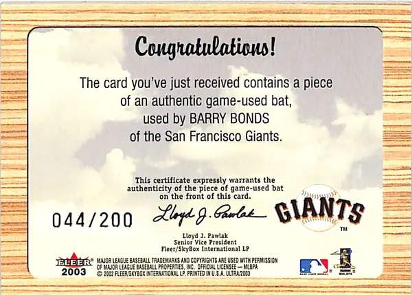 2003 Fleer Ultra Barry Bonds When It Was A Game Used Bat /200 Giants