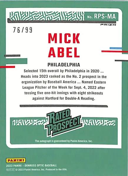2023 Donruss Optic Mick Abel Auto Autograph Rookie RC Purple /99 Phillies