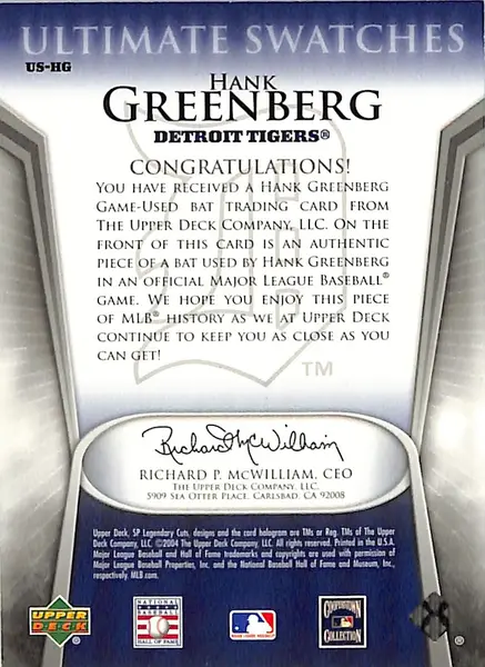 2004 SP Legendary Cuts Hank Greenberg Ultimate Swatches Bat Relic