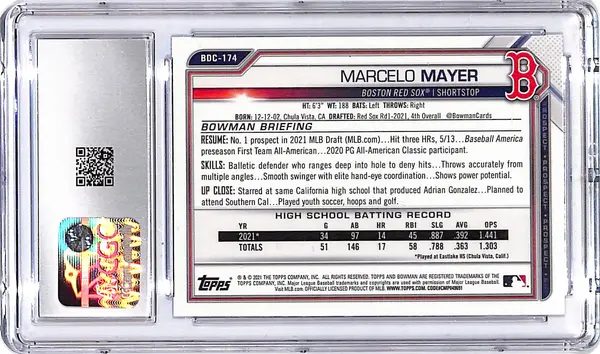 2021 Bowman Draft Sapphire Marcelo Mayer Rookie RC CGC 10 Red Sox