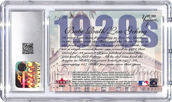 2001 Fleer Premium Babe Ruth Lou Gehrig Decades of Excellence CGC 10 Yankees
