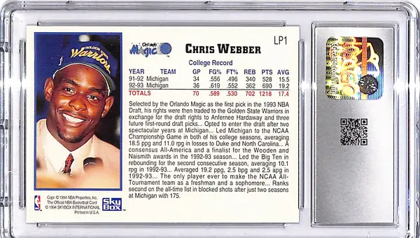 1993-94 Hoops Chris Webber Draft Redemption CGC 9 Warriors