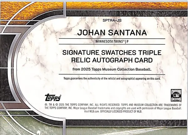 2025 Topps Museum Collection Johan Santana Auto Autograph Patch Jersey /75 Twins