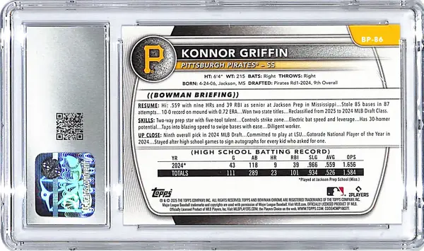 2025 Bowman Konnor Griffin Prospects Rookie BP-86 CGC 9.5 Pirates
