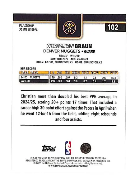 2025-26 Topps Christian Braun Orange Foil /25 Nuggets
