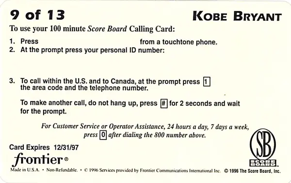 1996 Score Board Kobe Bryant Phone Card 100 Rookie RC Lakers
