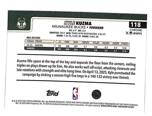 2025-26 Topps Chrome Kyle Kuzma Black Geometric Refractor /10 Bucks