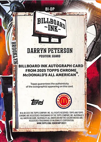 2025 Topps Chrome Mcdonalds All American Darryn Peterson Auto Autograph /75