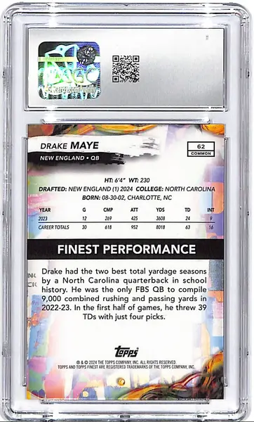 2024 Topps Finest Drake Maye Rookie RC #62 CGC 10 Patriots