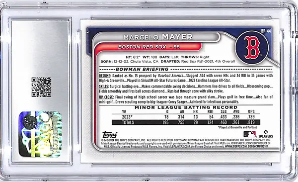 2024 Bowman Marcelo Mayer Prospect Purple Pattern Rookie /199 CGC 9.5 Red Sox