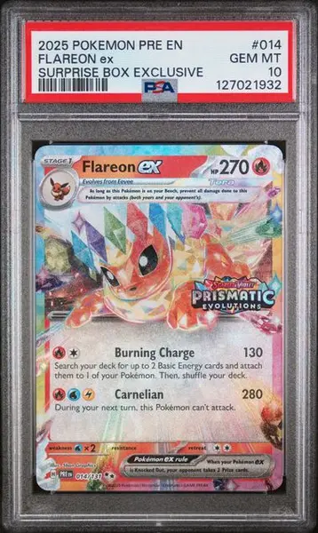 Pokemon 2025 Pre En Prismatic Evolutions #014 Flareon ex Surprise Box Exclusive PSA 10