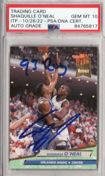 Shaquille O'Neal Autographed Orlando Magic Encapsulated 1992-93 Fleer Ultra #328 Rookie Card W/Roy 93 PSA ITP AUTO GRADE GEM MT. 10
