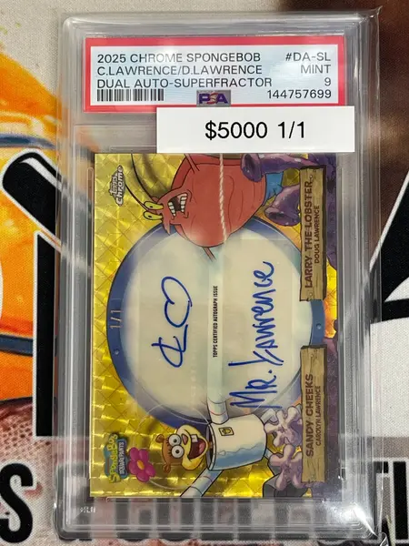2025 Topps Chrome SpongeBob Sandy Cheeks & Larry The Lobster Bikini Bottom Dual VIP Superfractor Auto 1/1 PSA 9